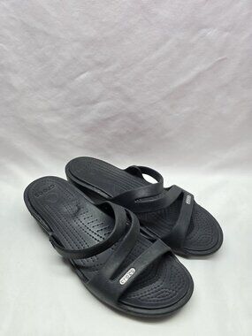 Crocs Patricia Wedge Strappy Slide Slip On Sandals Womens Size 8 Black